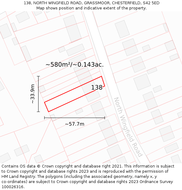 138, NORTH WINGFIELD ROAD, GRASSMOOR, CHESTERFIELD, S42 5ED: Plot and title map