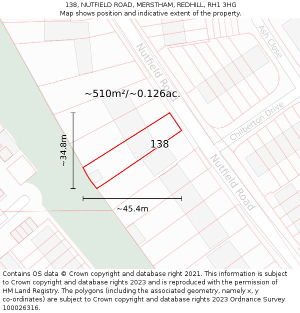 138, NUTFIELD ROAD, MERSTHAM, REDHILL, RH1 3HG: Plot and title map