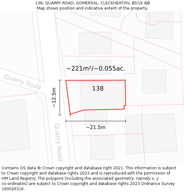 138, QUARRY ROAD, GOMERSAL, CLECKHEATON, BD19 4JB: Plot and title map