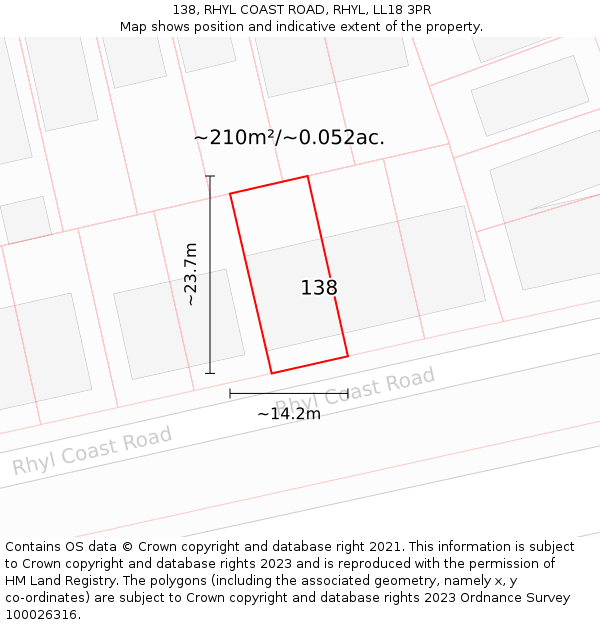 138, RHYL COAST ROAD, RHYL, LL18 3PR: Plot and title map