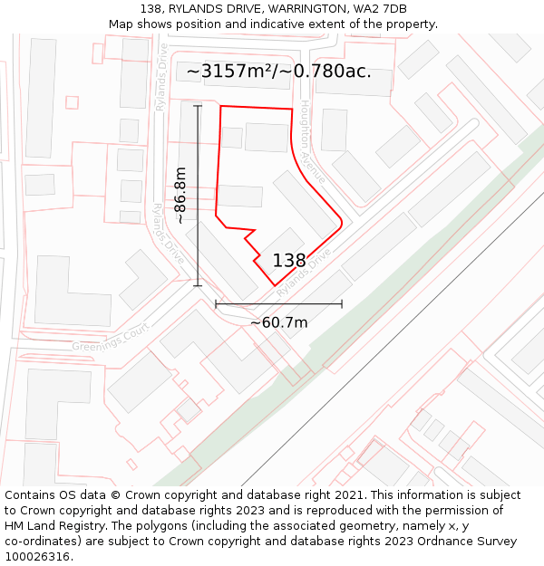 138, RYLANDS DRIVE, WARRINGTON, WA2 7DB: Plot and title map