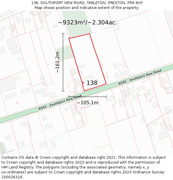 138, SOUTHPORT NEW ROAD, TARLETON, PRESTON, PR4 6HY: Plot and title map