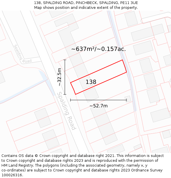 138, SPALDING ROAD, PINCHBECK, SPALDING, PE11 3UE: Plot and title map