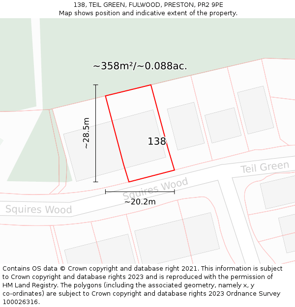 138, TEIL GREEN, FULWOOD, PRESTON, PR2 9PE: Plot and title map