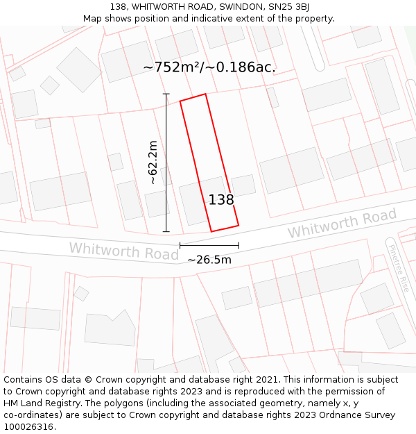 138, WHITWORTH ROAD, SWINDON, SN25 3BJ: Plot and title map