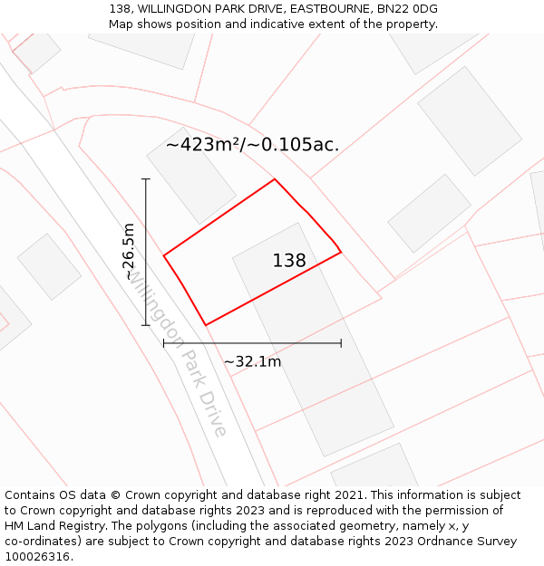 138, WILLINGDON PARK DRIVE, EASTBOURNE, BN22 0DG: Plot and title map