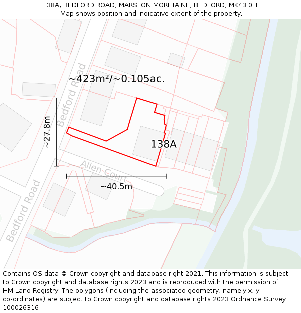 138A, BEDFORD ROAD, MARSTON MORETAINE, BEDFORD, MK43 0LE: Plot and title map