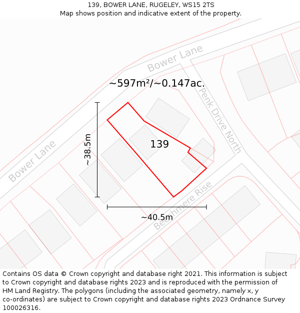 139, BOWER LANE, RUGELEY, WS15 2TS: Plot and title map