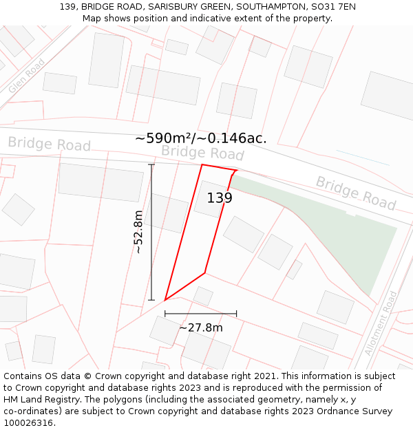 139, BRIDGE ROAD, SARISBURY GREEN, SOUTHAMPTON, SO31 7EN: Plot and title map