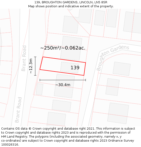 139, BROUGHTON GARDENS, LINCOLN, LN5 8SR: Plot and title map