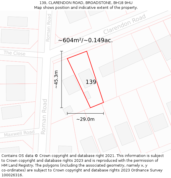 139, CLARENDON ROAD, BROADSTONE, BH18 9HU: Plot and title map