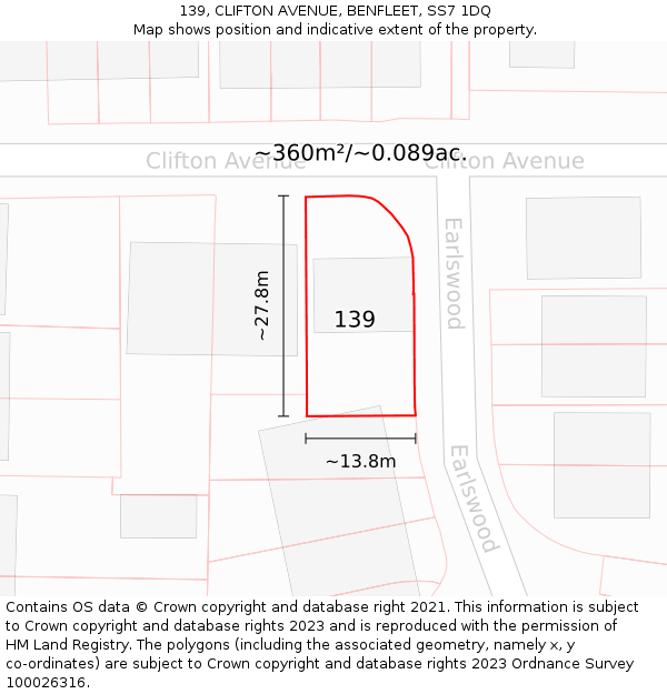 139, CLIFTON AVENUE, BENFLEET, SS7 1DQ: Plot and title map