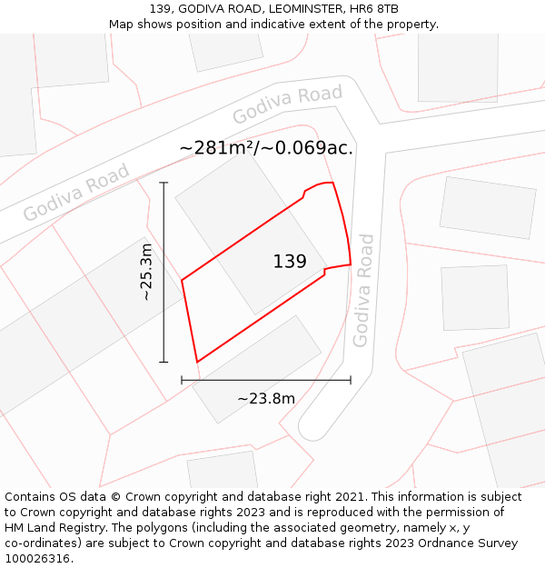 139, GODIVA ROAD, LEOMINSTER, HR6 8TB: Plot and title map