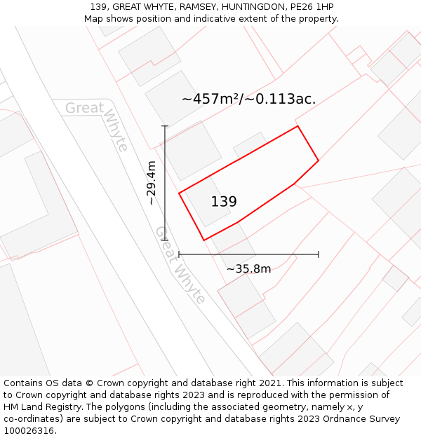 139, GREAT WHYTE, RAMSEY, HUNTINGDON, PE26 1HP: Plot and title map