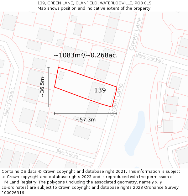 139, GREEN LANE, CLANFIELD, WATERLOOVILLE, PO8 0LS: Plot and title map