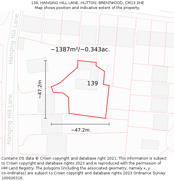 139, HANGING HILL LANE, HUTTON, BRENTWOOD, CM13 2HE: Plot and title map