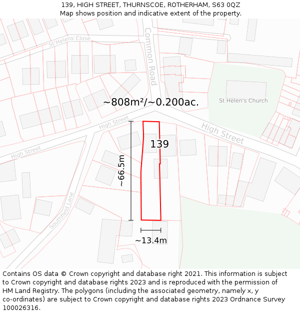 139, HIGH STREET, THURNSCOE, ROTHERHAM, S63 0QZ: Plot and title map