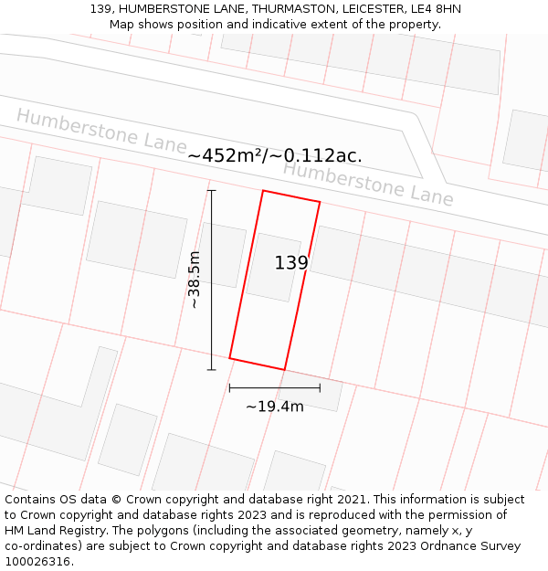 139, HUMBERSTONE LANE, THURMASTON, LEICESTER, LE4 8HN: Plot and title map