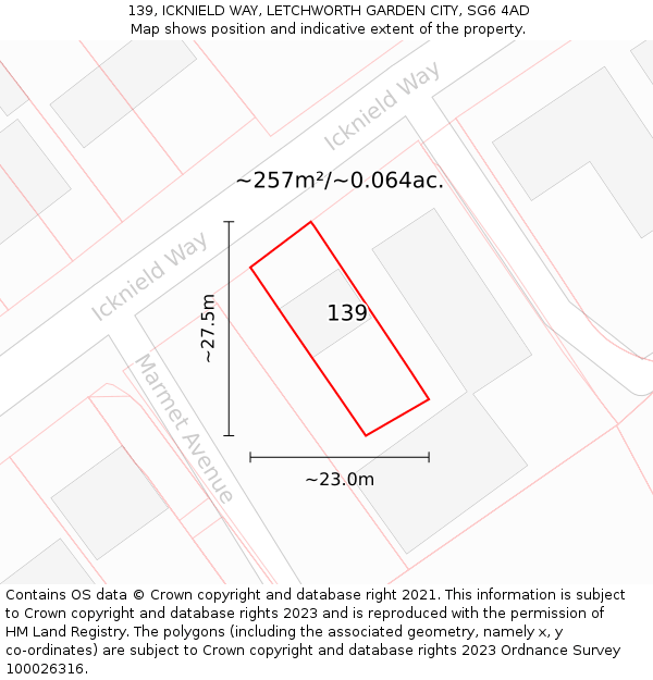 139, ICKNIELD WAY, LETCHWORTH GARDEN CITY, SG6 4AD: Plot and title map