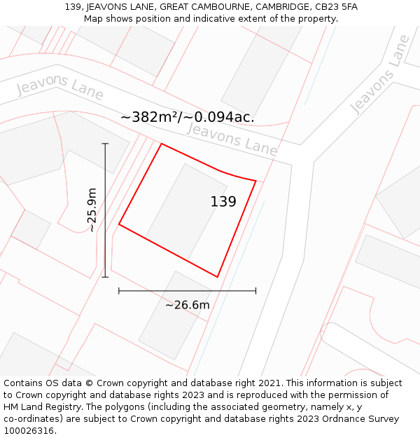 139, JEAVONS LANE, GREAT CAMBOURNE, CAMBRIDGE, CB23 5FA: Plot and title map