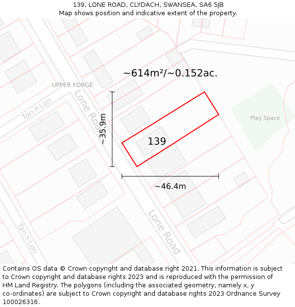 139, LONE ROAD, CLYDACH, SWANSEA, SA6 5JB: Plot and title map