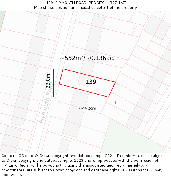 139, PLYMOUTH ROAD, REDDITCH, B97 4NZ: Plot and title map