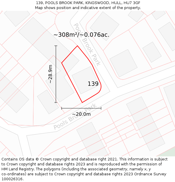 139, POOLS BROOK PARK, KINGSWOOD, HULL, HU7 3GF: Plot and title map