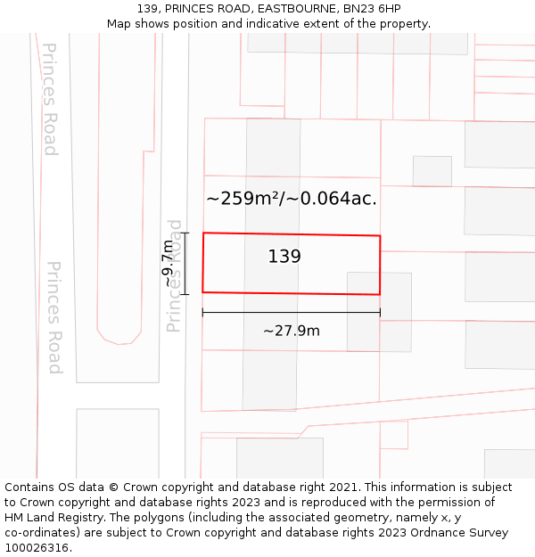 139, PRINCES ROAD, EASTBOURNE, BN23 6HP: Plot and title map