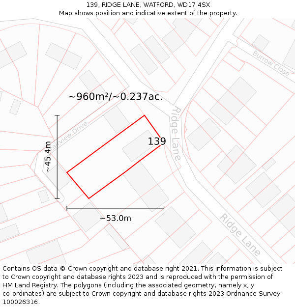 139, RIDGE LANE, WATFORD, WD17 4SX: Plot and title map
