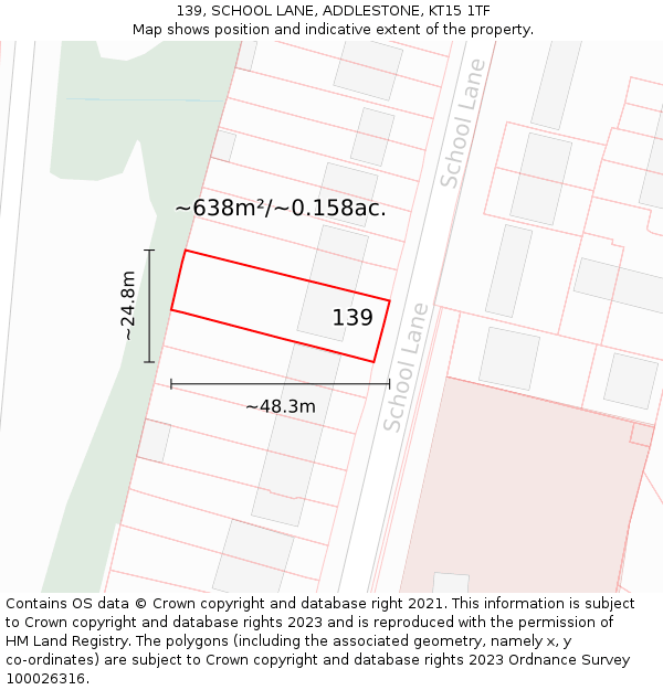 139, SCHOOL LANE, ADDLESTONE, KT15 1TF: Plot and title map