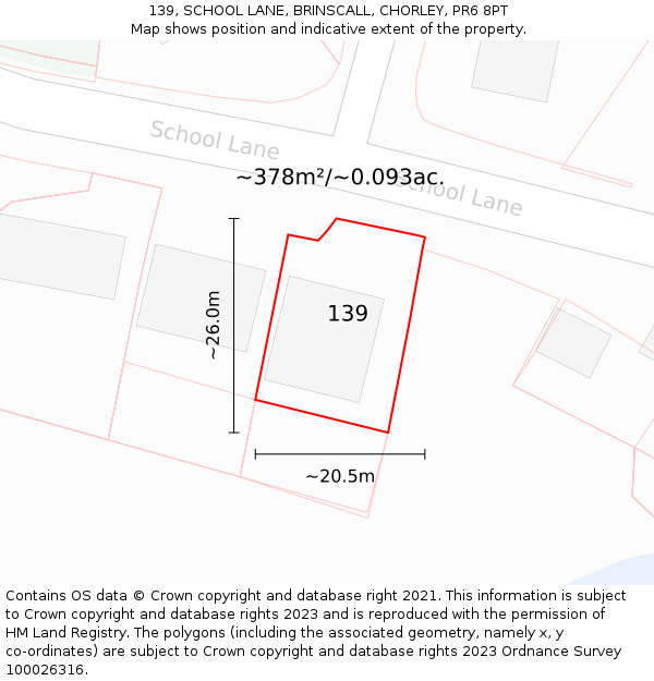 139, SCHOOL LANE, BRINSCALL, CHORLEY, PR6 8PT: Plot and title map