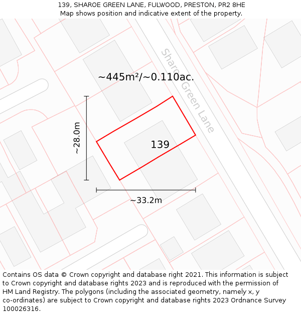 139, SHAROE GREEN LANE, FULWOOD, PRESTON, PR2 8HE: Plot and title map