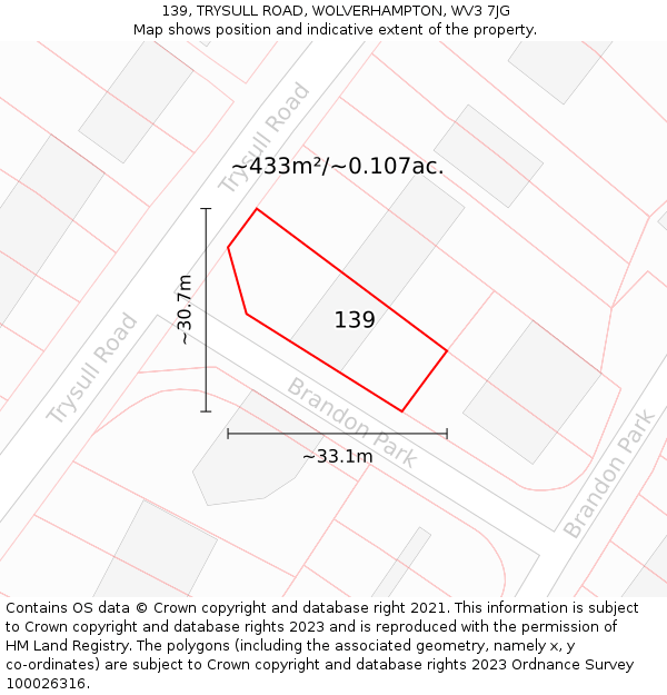 139, TRYSULL ROAD, WOLVERHAMPTON, WV3 7JG: Plot and title map