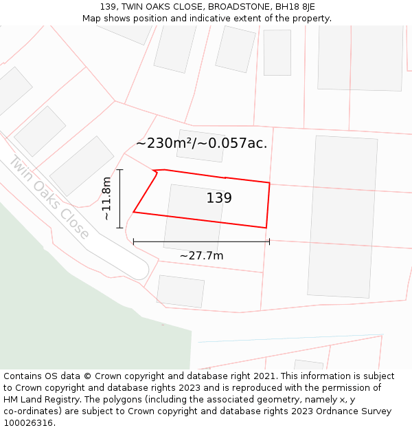 139, TWIN OAKS CLOSE, BROADSTONE, BH18 8JE: Plot and title map