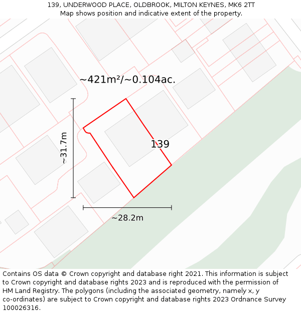 139, UNDERWOOD PLACE, OLDBROOK, MILTON KEYNES, MK6 2TT: Plot and title map