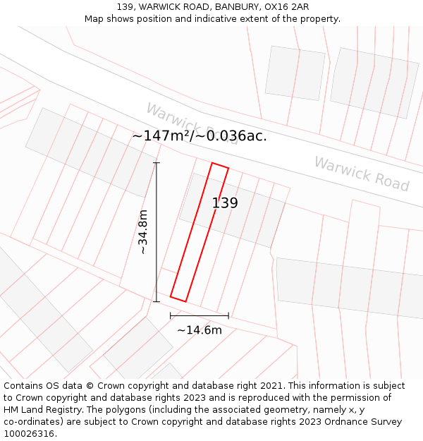 139, WARWICK ROAD, BANBURY, OX16 2AR: Plot and title map