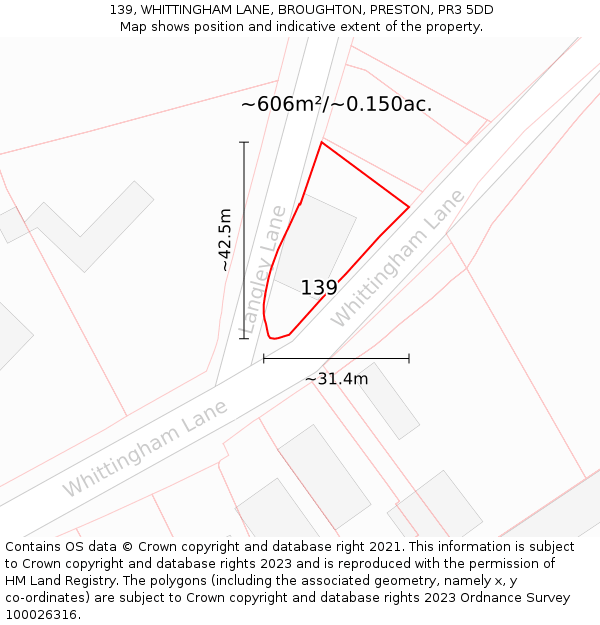 139, WHITTINGHAM LANE, BROUGHTON, PRESTON, PR3 5DD: Plot and title map