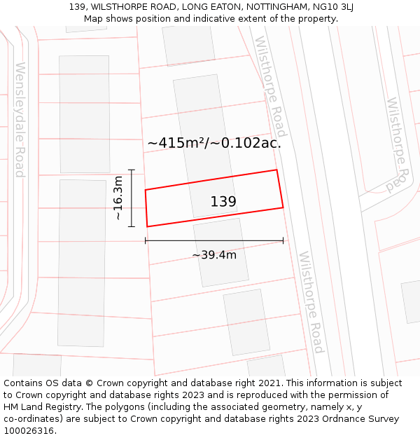 139, WILSTHORPE ROAD, LONG EATON, NOTTINGHAM, NG10 3LJ: Plot and title map