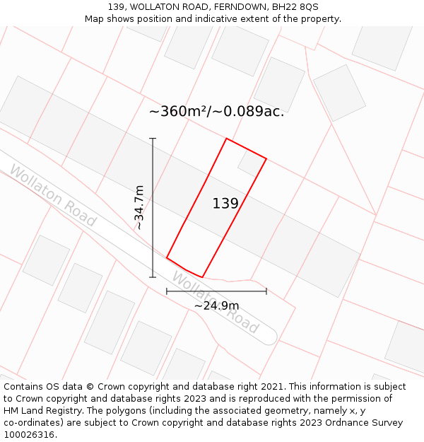 139, WOLLATON ROAD, FERNDOWN, BH22 8QS: Plot and title map