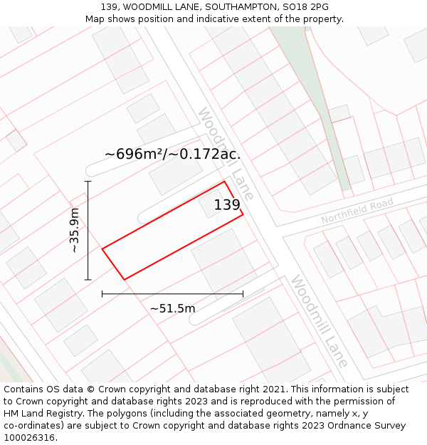 139, WOODMILL LANE, SOUTHAMPTON, SO18 2PG: Plot and title map