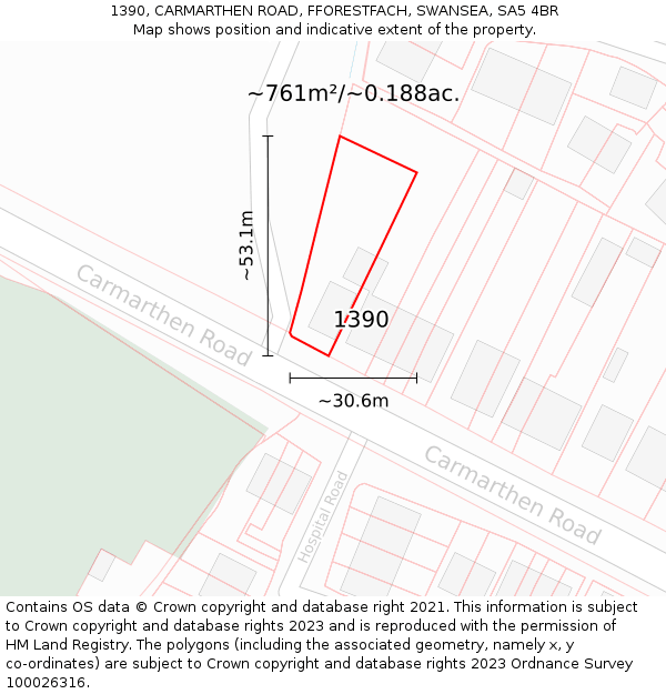 1390, CARMARTHEN ROAD, FFORESTFACH, SWANSEA, SA5 4BR: Plot and title map