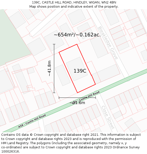 139C, CASTLE HILL ROAD, HINDLEY, WIGAN, WN2 4BN: Plot and title map