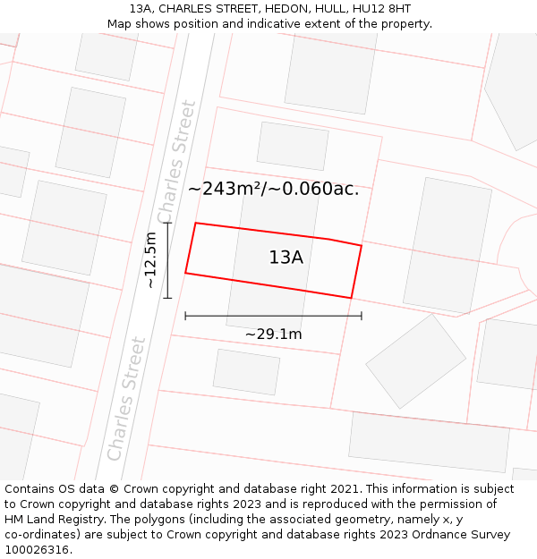 13A, CHARLES STREET, HEDON, HULL, HU12 8HT: Plot and title map