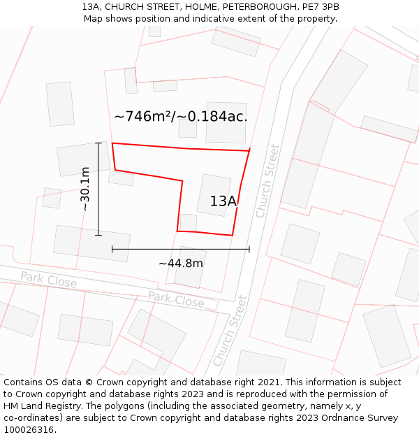 13A, CHURCH STREET, HOLME, PETERBOROUGH, PE7 3PB: Plot and title map