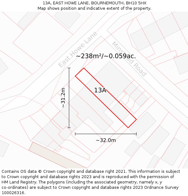 13A, EAST HOWE LANE, BOURNEMOUTH, BH10 5HX: Plot and title map