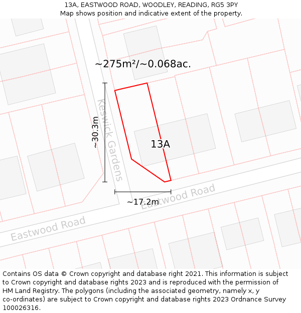 13A, EASTWOOD ROAD, WOODLEY, READING, RG5 3PY: Plot and title map