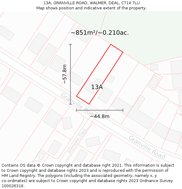 13A, GRANVILLE ROAD, WALMER, DEAL, CT14 7LU: Plot and title map