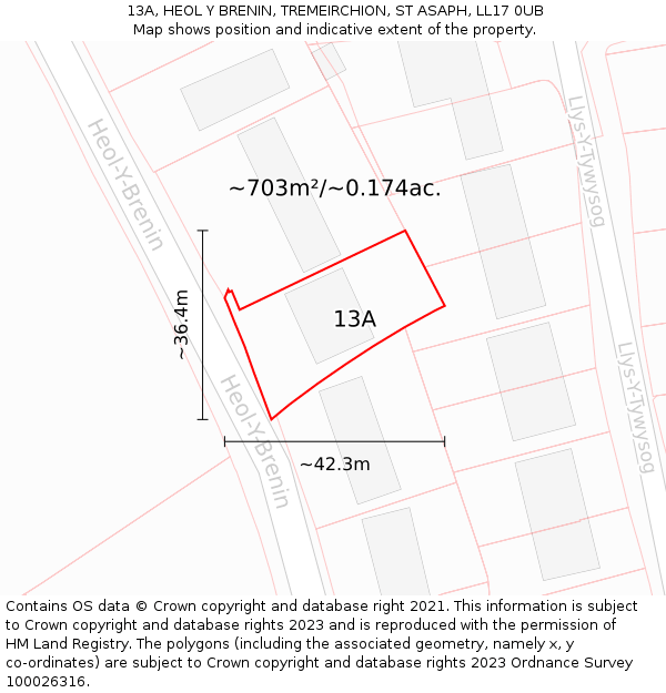 13A, HEOL Y BRENIN, TREMEIRCHION, ST ASAPH, LL17 0UB: Plot and title map