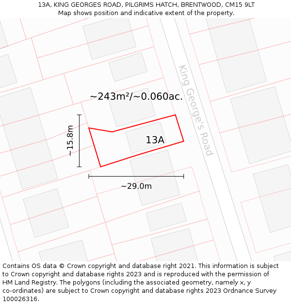 13A, KING GEORGES ROAD, PILGRIMS HATCH, BRENTWOOD, CM15 9LT: Plot and title map