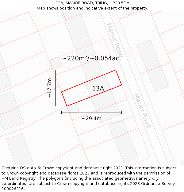 13A, MANOR ROAD, TRING, HP23 5DA: Plot and title map